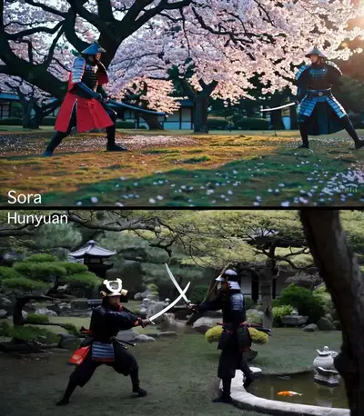 Two Samurai Fighting in Japanese Garden