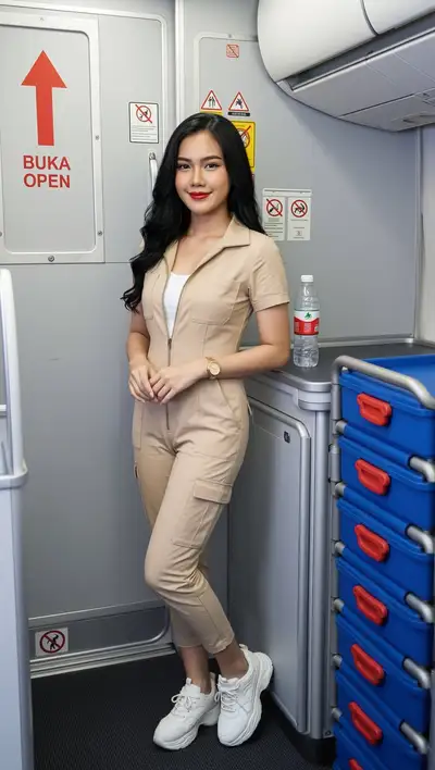 Porträt einer indonesischen Flugbegleiterin in der Flugzeugküche