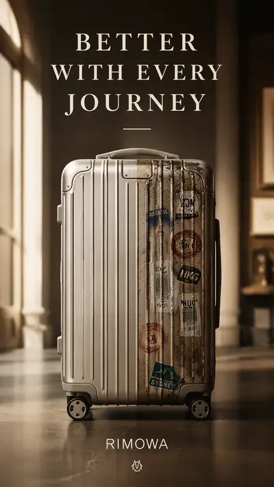 Suitcase transforming from new to well-traveled ad