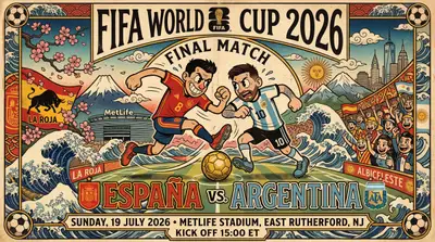 World Cup 2026 final poster in Ukiyo-e Cuphead style
