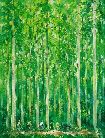 Impasto oil painting of cyclists riding through a metasequoia forest