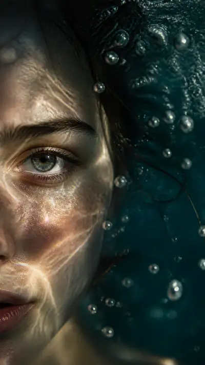 Retrato hiperrealista en primer plano de un rostro sumergido en agua