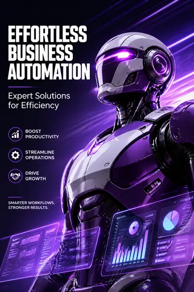 Purple and white humanoid robot tech marketing poster