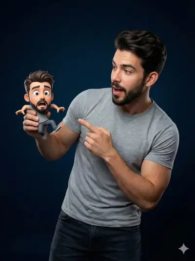 Real person holding a tiny Pixar-style version of themselves