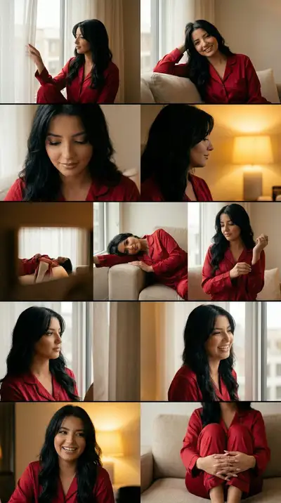 Cinematic Home Editorial Grid with Red Silk Pajamas