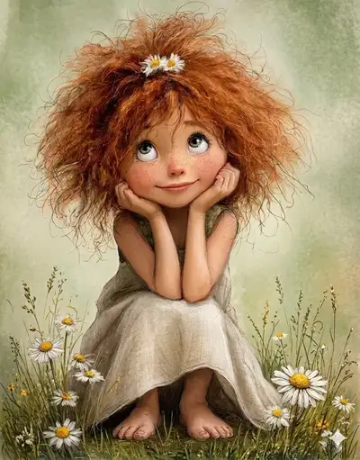 Whimsical Ginger-Haired Girl in Daisy Field