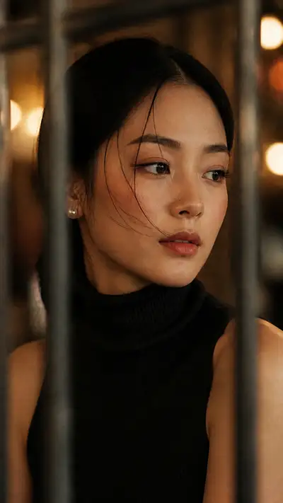 Film-Style Close-Up Portrait of a Woman Behind a Metal Railing