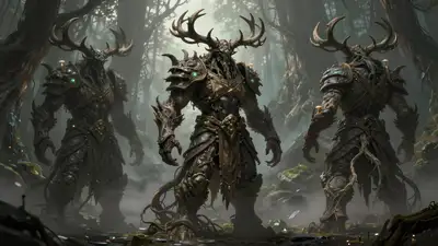 Dark fantasy forest guardian boss concept sheet