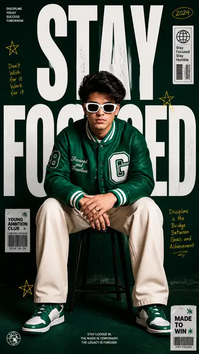 Stay Focused emerald streetwear editorial poster prompt