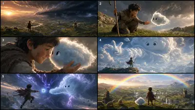Six-frame cinematic storyboard template from a short story