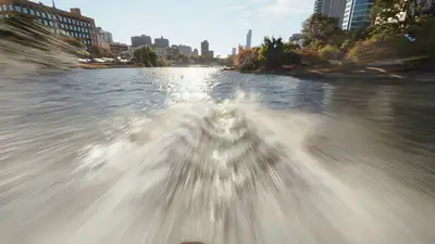 Superhero POV Flight Over City River