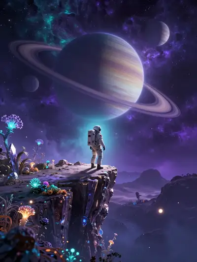 Astronaut auf einer Kristallklippe gegenüber zwei beringten Planeten