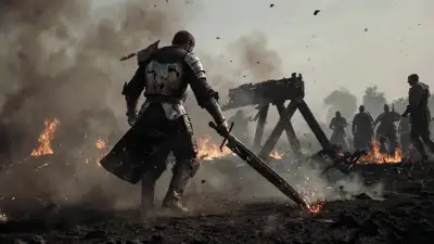 Knight on Burning Battlefield - Low-Angle Tracking Shot