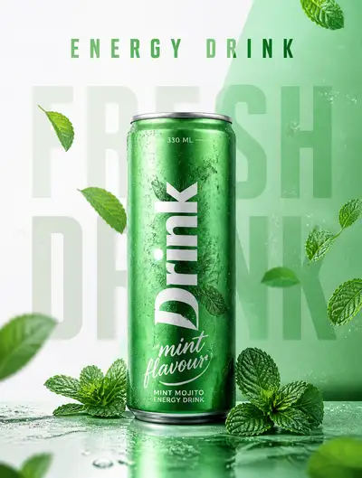 Premium energy drink can advertisement with mint leaves