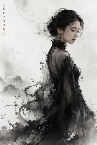 Photorealistic Ink-Wash Fashion Editorial Portrait