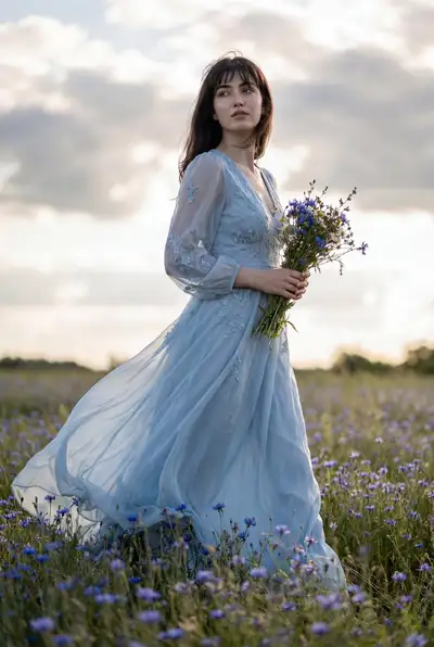 Ultra-Realistic Fashion Editorial Portrait in Blue Wildflower Meadow