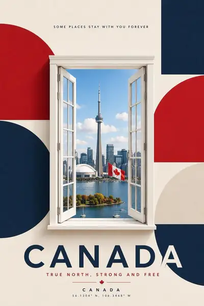 Minimalist travel poster template with a window-framed landmark