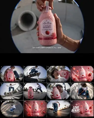 Y2K skate video style strawberry energy drink ad storyboard