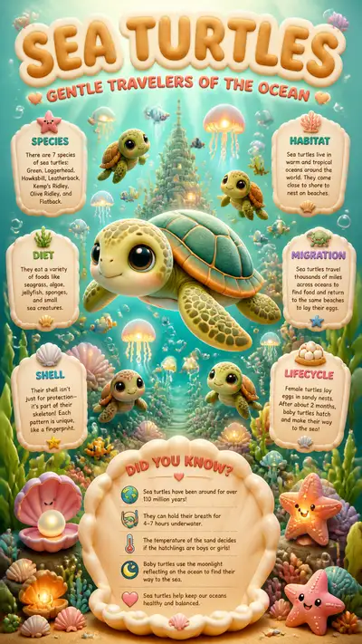 Kawaii 3D infographic poster about sea turtles and ocean life