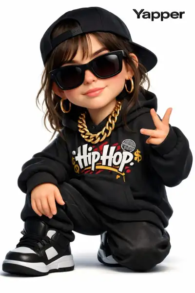 3D Pixar-style cartoon rapper woman with oversized sneakers