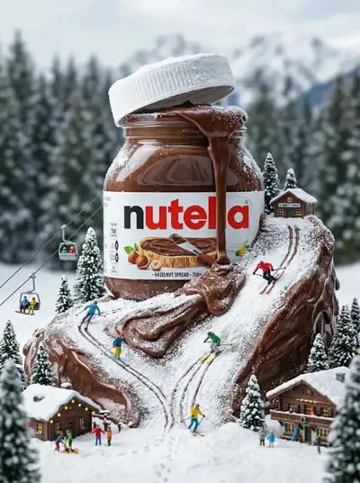 Miniature ski world built from a giant Nutella jar