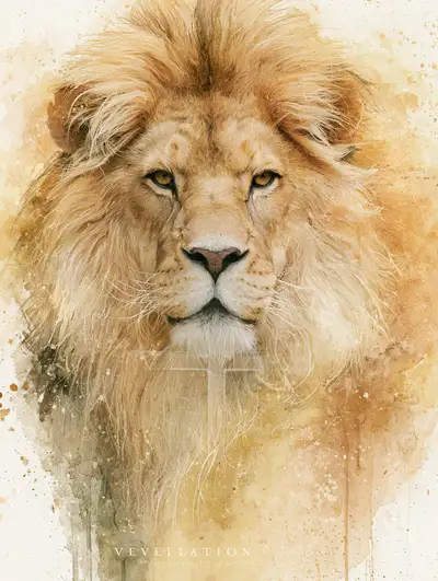 Watercolor lion with flowing mane and scripture reference