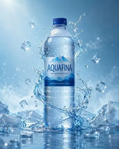 Par de prompts de fotografia de produto com respingos para uma garrafa de água de luxo