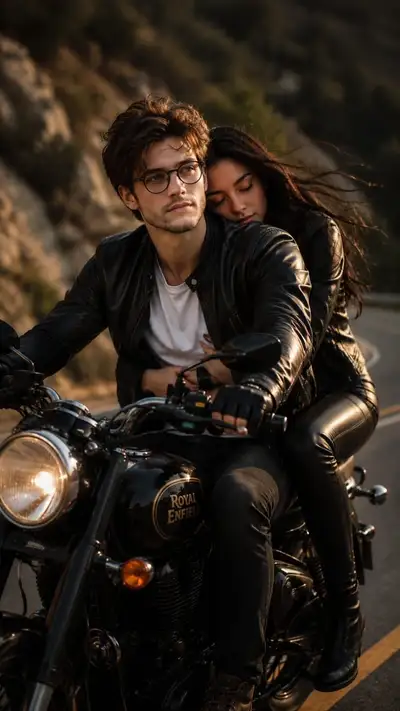 Cinematic Motorcycle Couple Portrait at Golden Hour