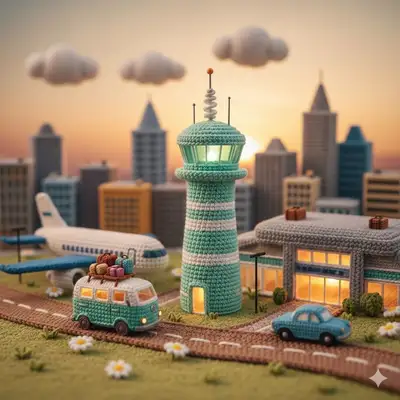 Crochet yarn diorama of an airport scene