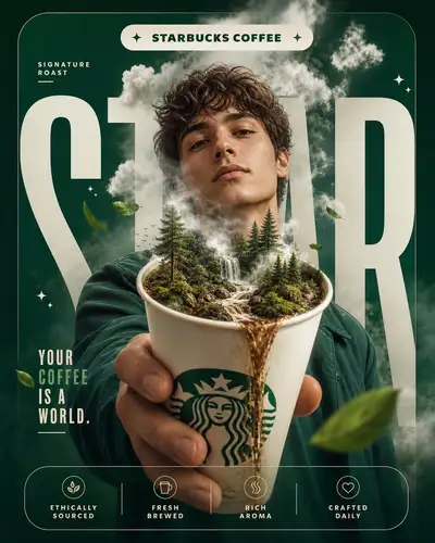 Surreal coffee brand poster set: Starbucks, Costa, Tim Hortons, Dunkin