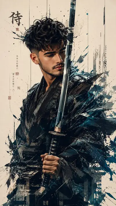 Abstraktes Cyber-Samurai-Porträt mit zersplittertem Glaseffekt