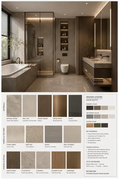 Interior design mood board template with material swatches