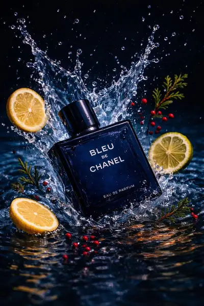 Luxury perfume product shots: forest scene and water splash