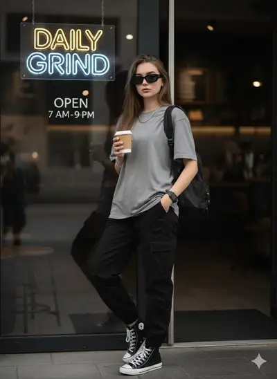 Lässiges Porträt an einer Café-Tür mit Rucksack und Kaffee