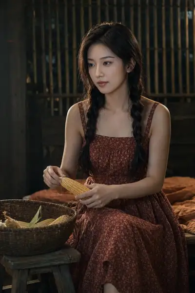 Photorealistic Rural Portrait: Woman Shelling Corn in Warm Lamplight