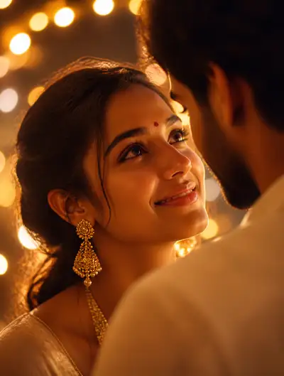 Romantic couple portrait with festive bokeh lighting