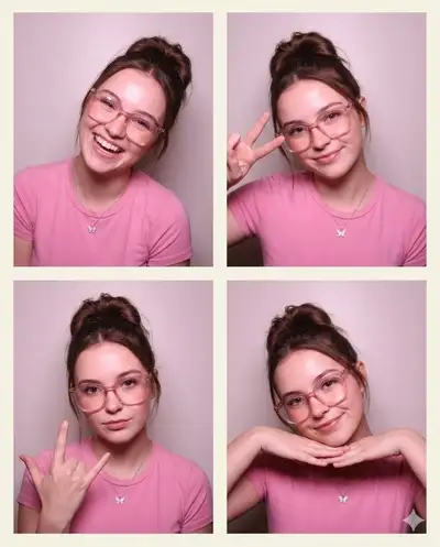 4-panel portrait collage with pink glasses
