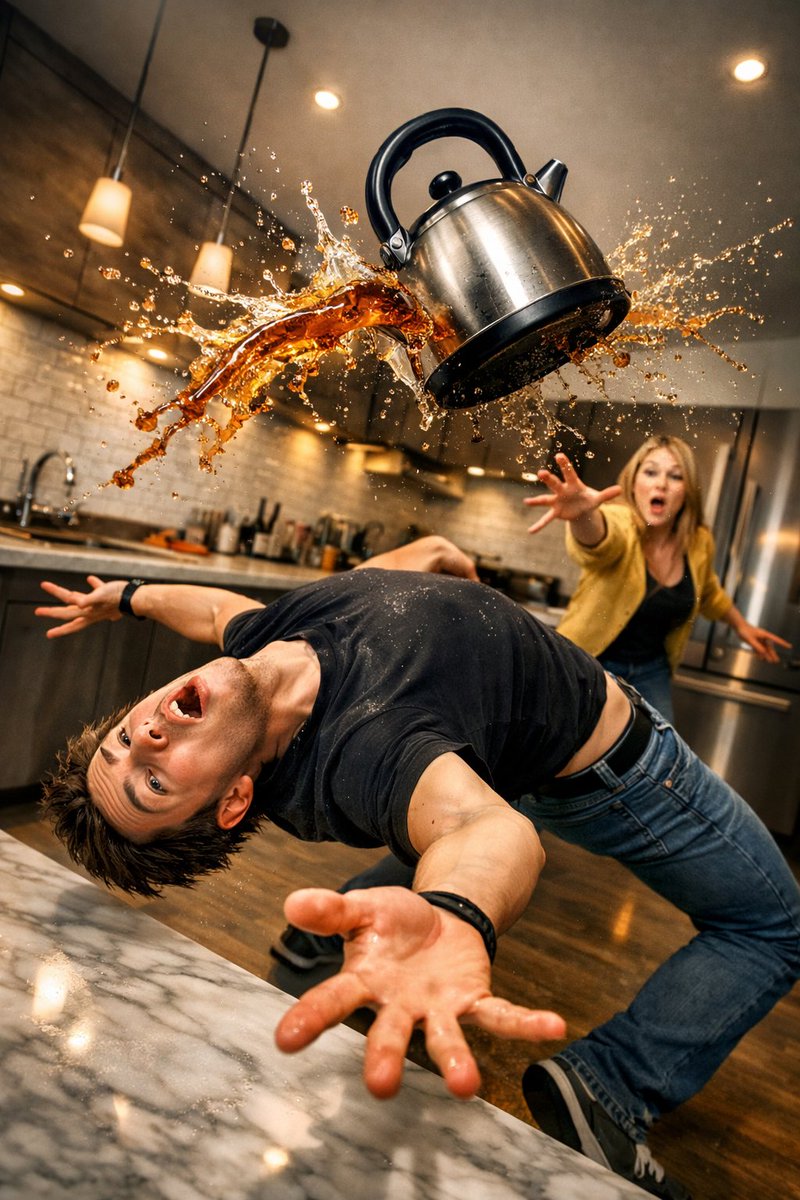 Comedic Kitchen Kettle Dodge Freeze-Frame