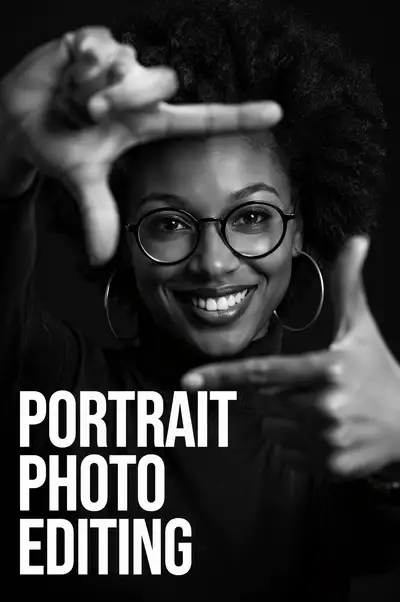 Photo editing service ad with joyful portrait and framing gesture