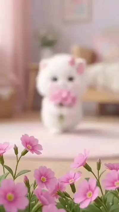 Ultra-cute fluffy kitten with pink flowers