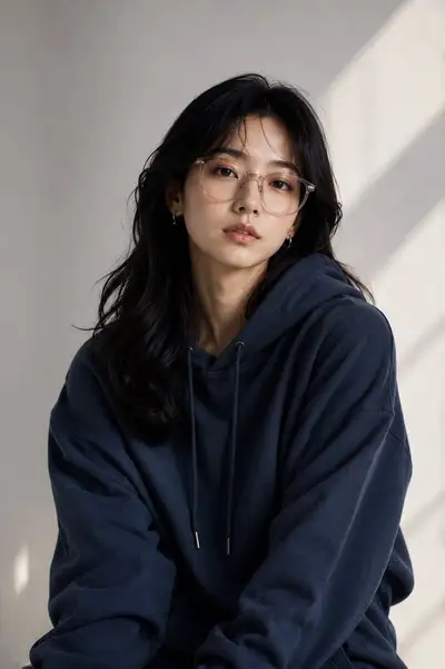 Daylight studio portrait of a woman in an oversized navy hoodie