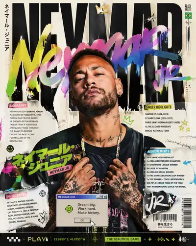 Neymar magazine-style Japanese street-art editorial poster
