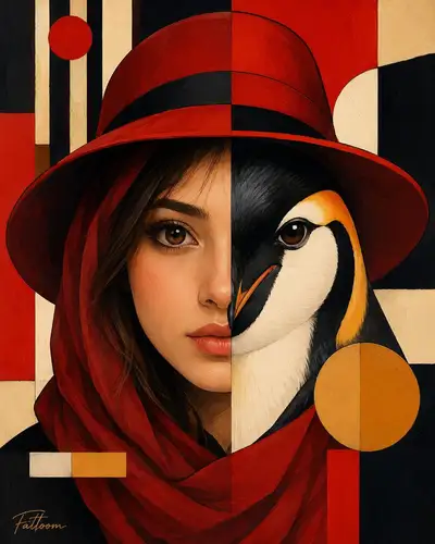 Split portrait blending a woman's face with a penguin