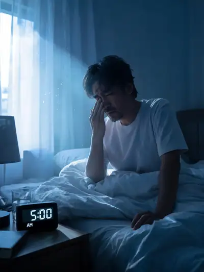 Cinematic pre-dawn wake-up bedroom scene
