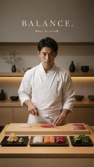 Retrato de campanha editorial "BALANCE" de um chef de sushi