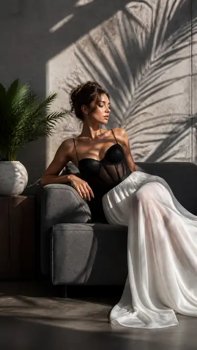 Gobo palm shadow fashion portrait on grey sofa