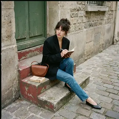 Parisian street style portrait writing in a notebook