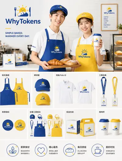 WhyTokens bakery brand visual identity showcase board