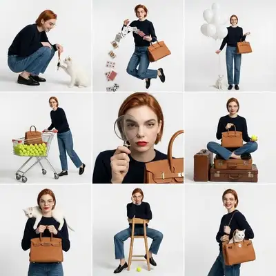 Playful 3x3 fashion collage with cat, handbag and props