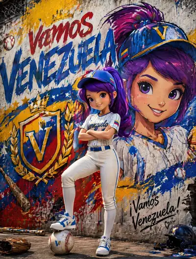 Venezuela baseball mascot street poster with graffiti mural